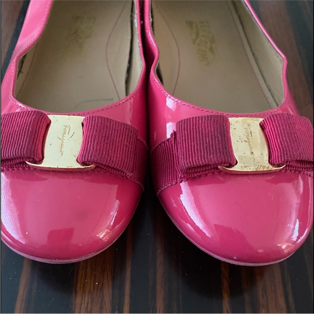 Salvatore Ferragamo Bright Pink Patent Vara Bow Ballet Flats